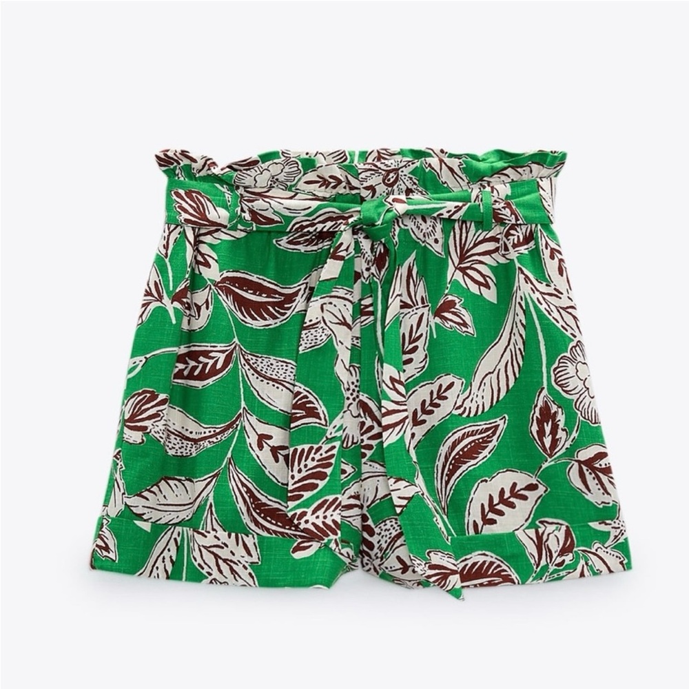 Zara Green, Brown Cream Leaf Print Paper Bag Shorts X-Small Excellent Condition